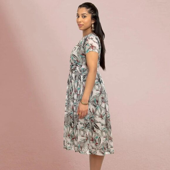 Grey Printed Dress with Bow | Harmony Hues | Muvvas Boutique - Picture 4 of 5